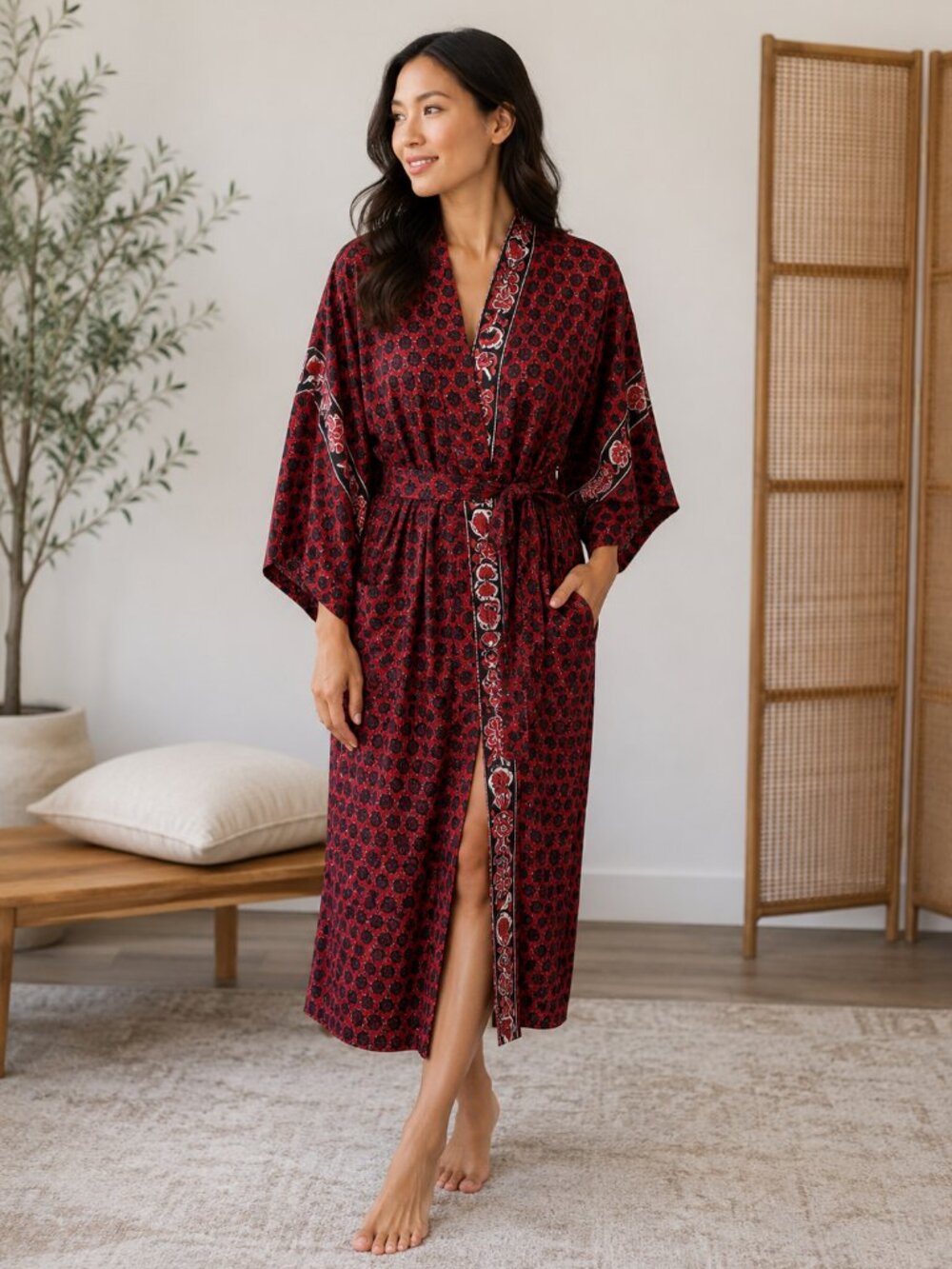 Vintage Japanese Kimono Robe Red Black Geometric Belted Lounge Robe